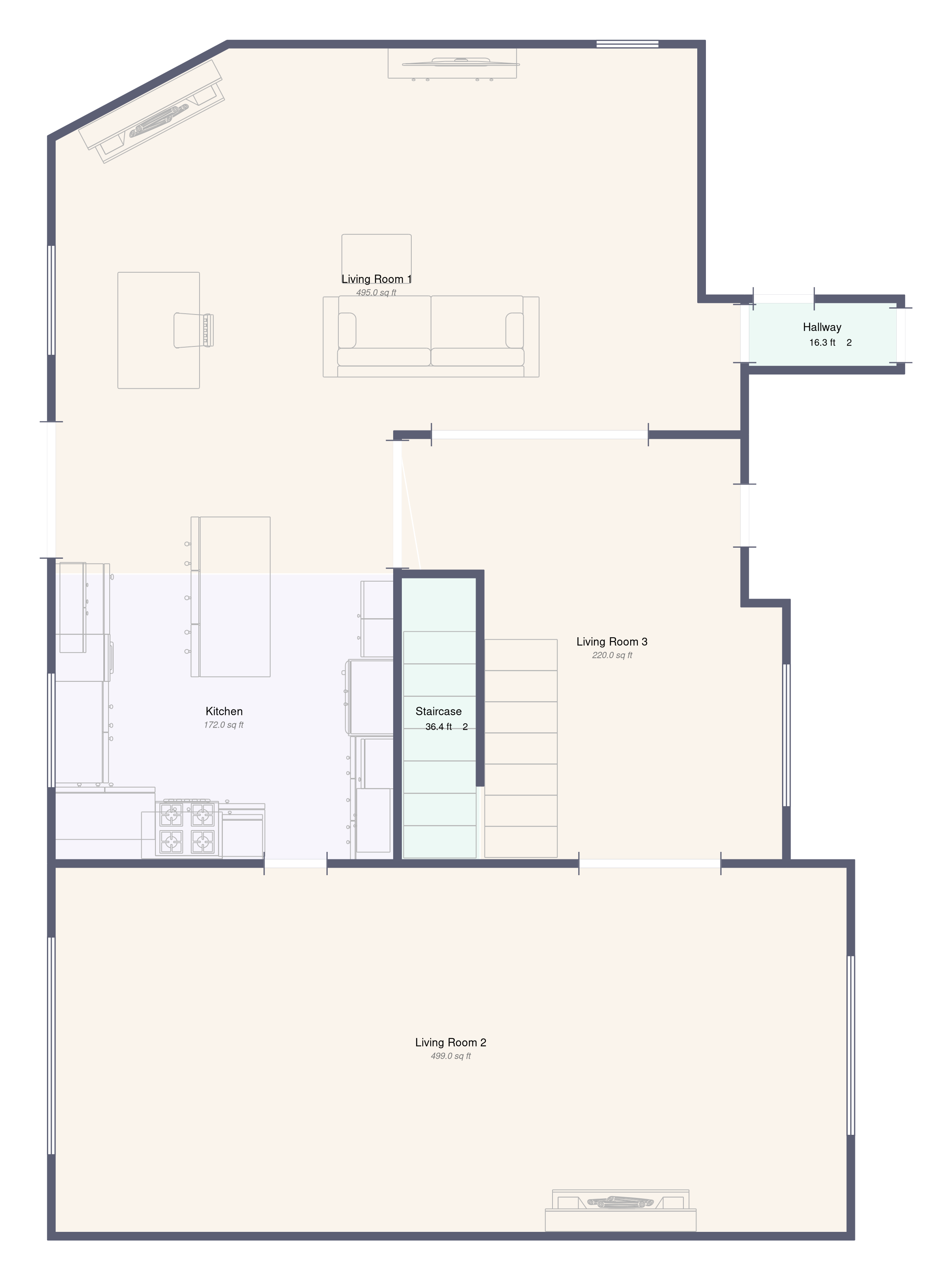 Example 2D floor plan of a main level showing a kitchen, three living areas, hallway, and staircase — each room labeled with its square footage